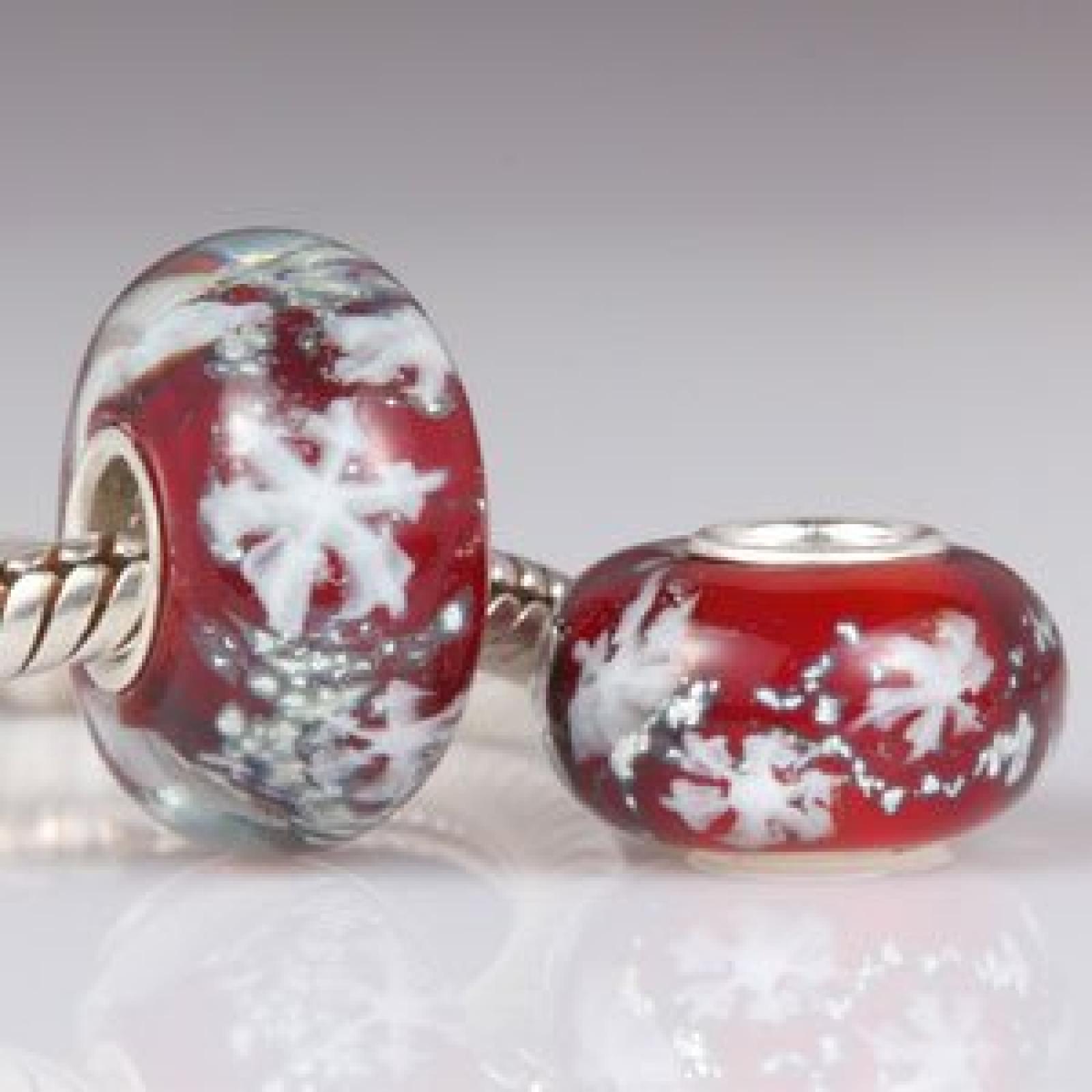 Andante-Stones Original Massiv 925 Sterling Silber Murano Bead "Schneeflocken" (rot) Element Kugel für European Beads + Organzasäckchen 